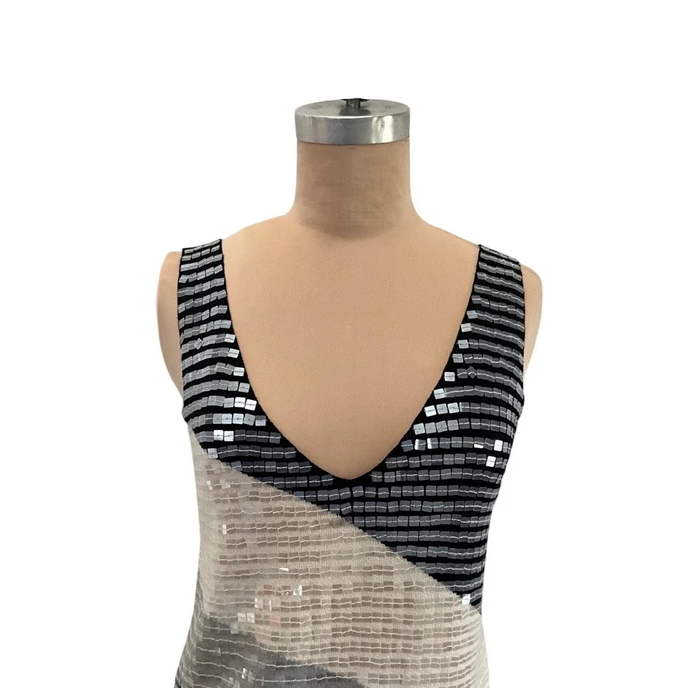 Armani Exchange Sequin Knit Tank Top Black Silver V Neck Party Cocktail Size‎ M
